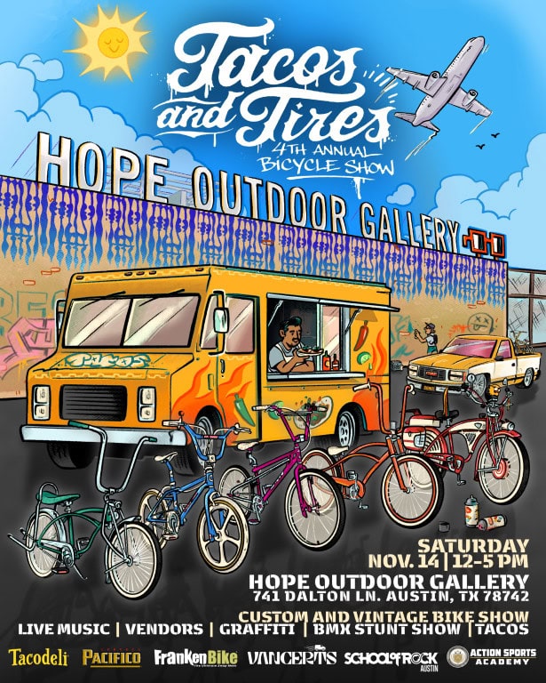 FrankenBike Special Event in Conjunction with Tacos and Tires 4th Annual Bicycle Show November 14, 2026 10am-4pm ALL VENDORS MUST REGISTER @ HOPE Outdoor Gallery